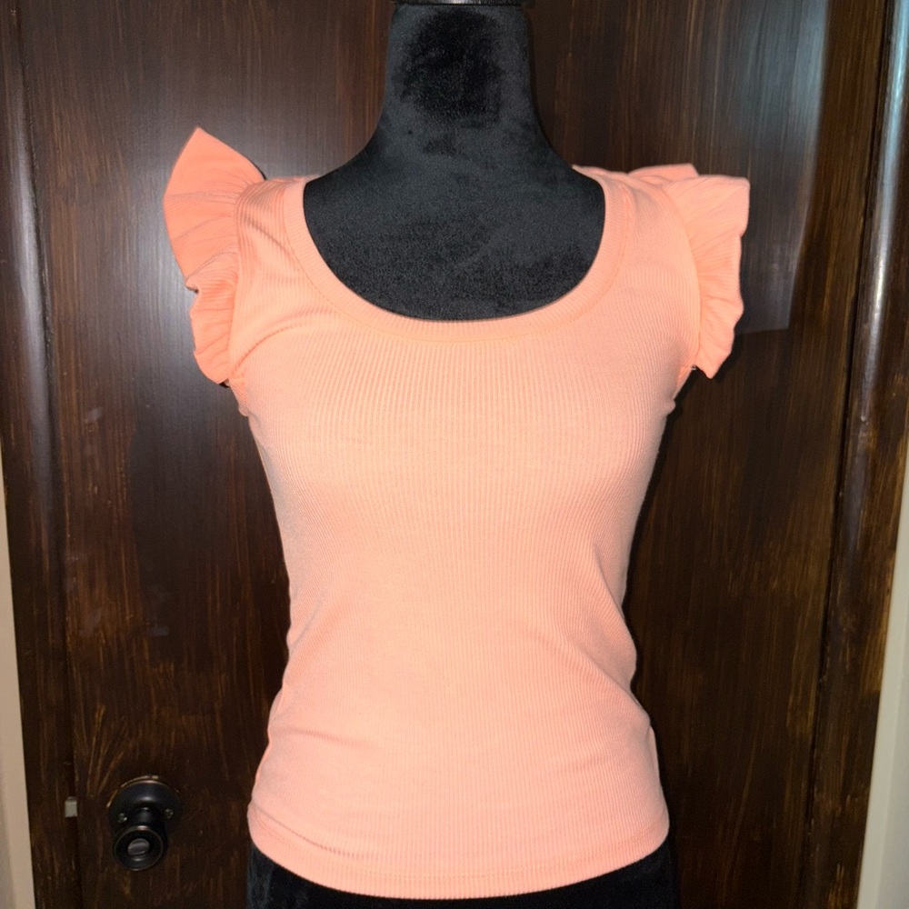 SO Orange Fitted Ruffled Cap Sleeve Blouse